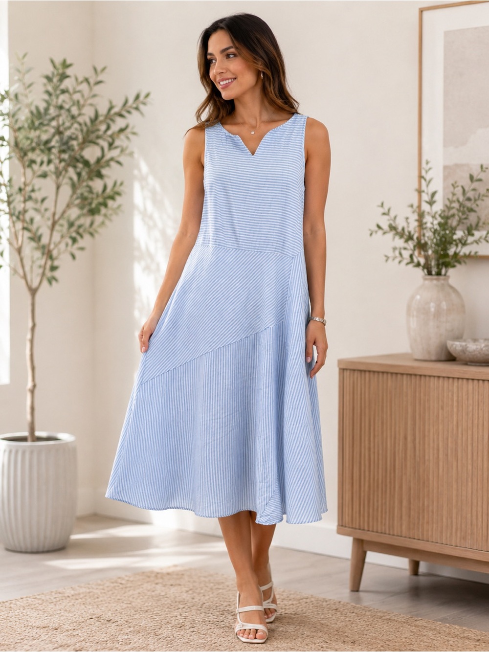 Light Blue Striped V-Neck Midi Dress